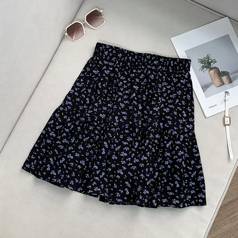 【南油子宸】夏季黑底紫色碎花半身裙百搭显瘦减龄a字短裙800482