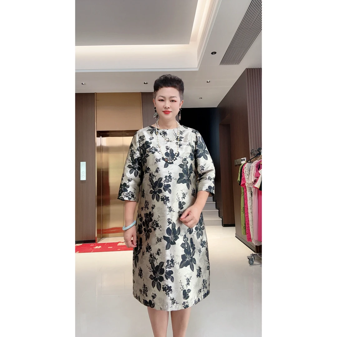 高端复古印花圆领连衣裙小A版宽松遮肉显瘦大码时尚裙子A66气质