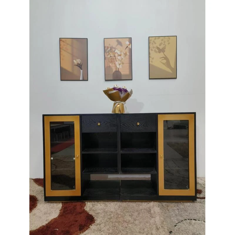 边柜1.6*40*96 双餐边柜 玻璃柜门+实木抽+木纹漆面