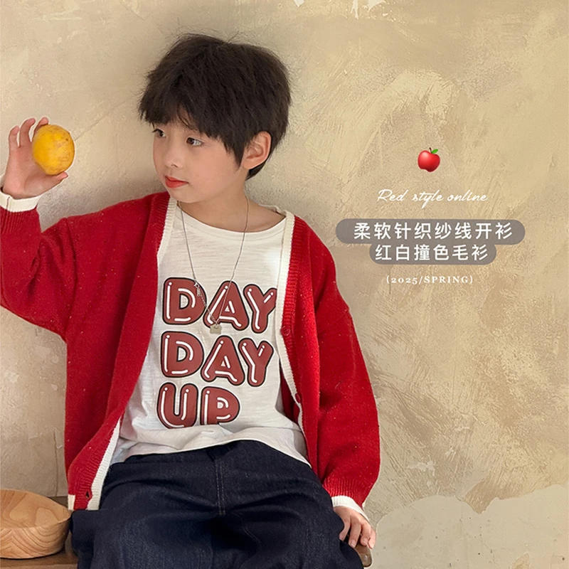 虾酱麻麻男女童针织外套春秋款2025新款男孩红色洋气儿童开衫毛衣