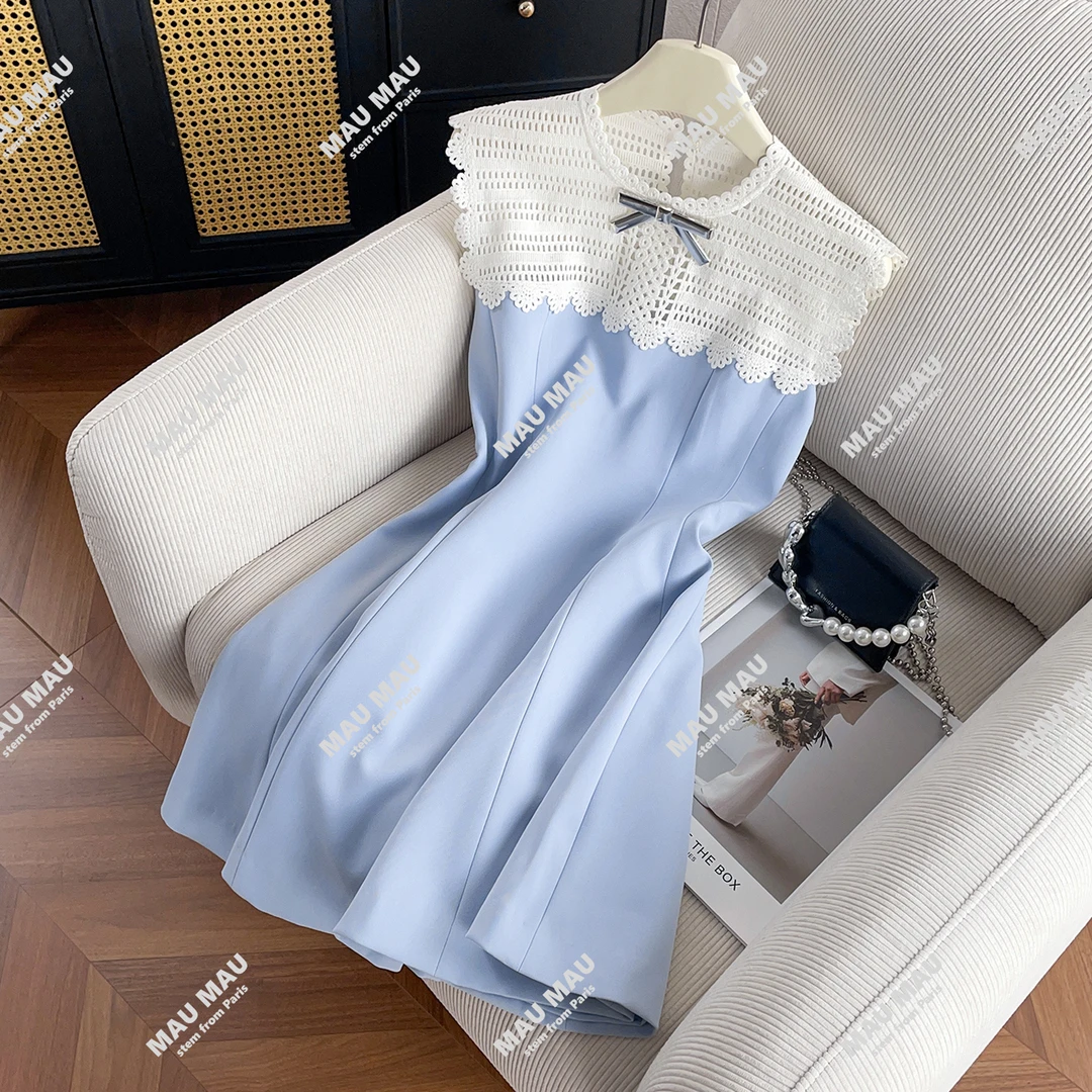 MIUMEN女装2025夏季法式小香风蝴蝶结针织镂空背心连衣裙女DY7787