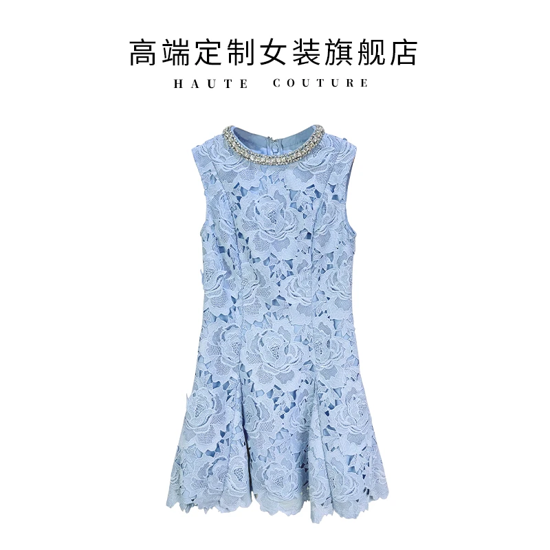 【SHIBO】春夏轻奢名媛立体蕾丝钩花镂空雾霾蓝温柔修身连衣裙0106