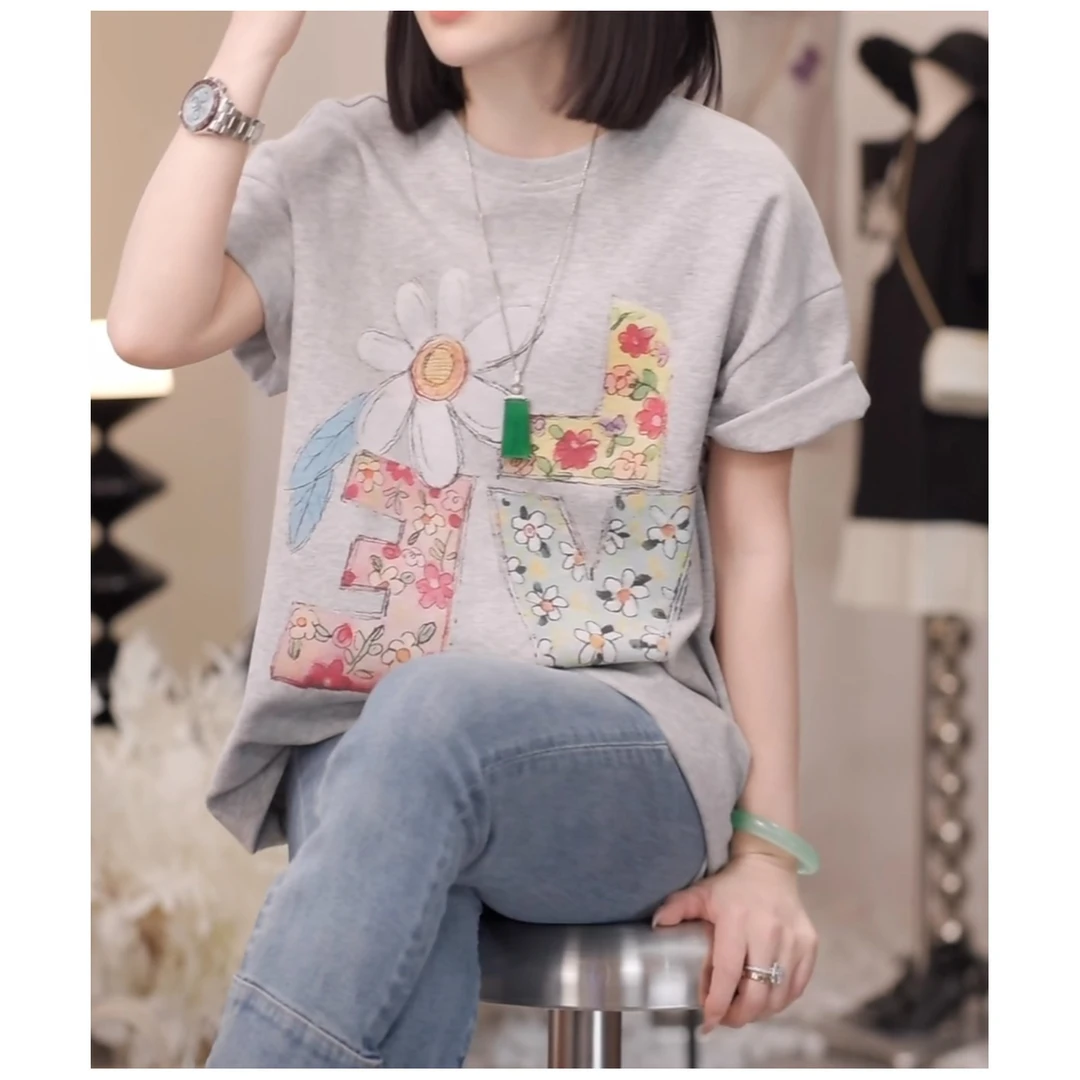 2025夏季新款手绘卡通图案经典百搭休闲短袖小众设计感减龄上衣潮