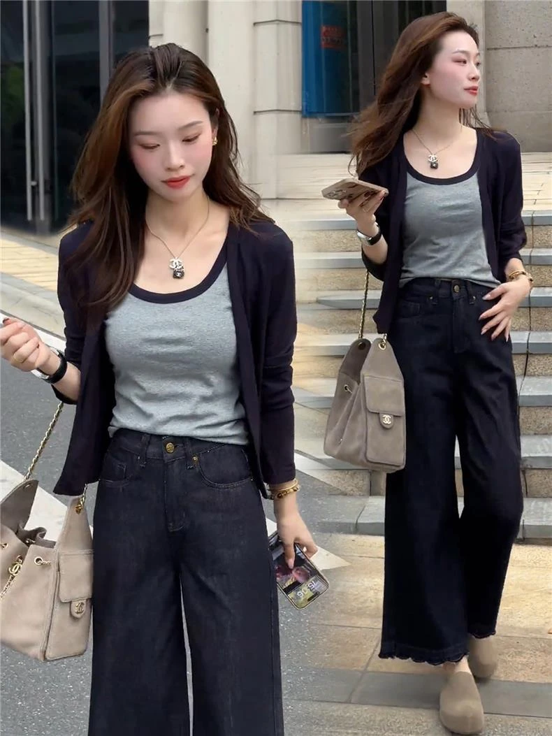 韩版时尚拼色吊带2025秋季长袖开衫小外套女款两件套洋气百搭上衣