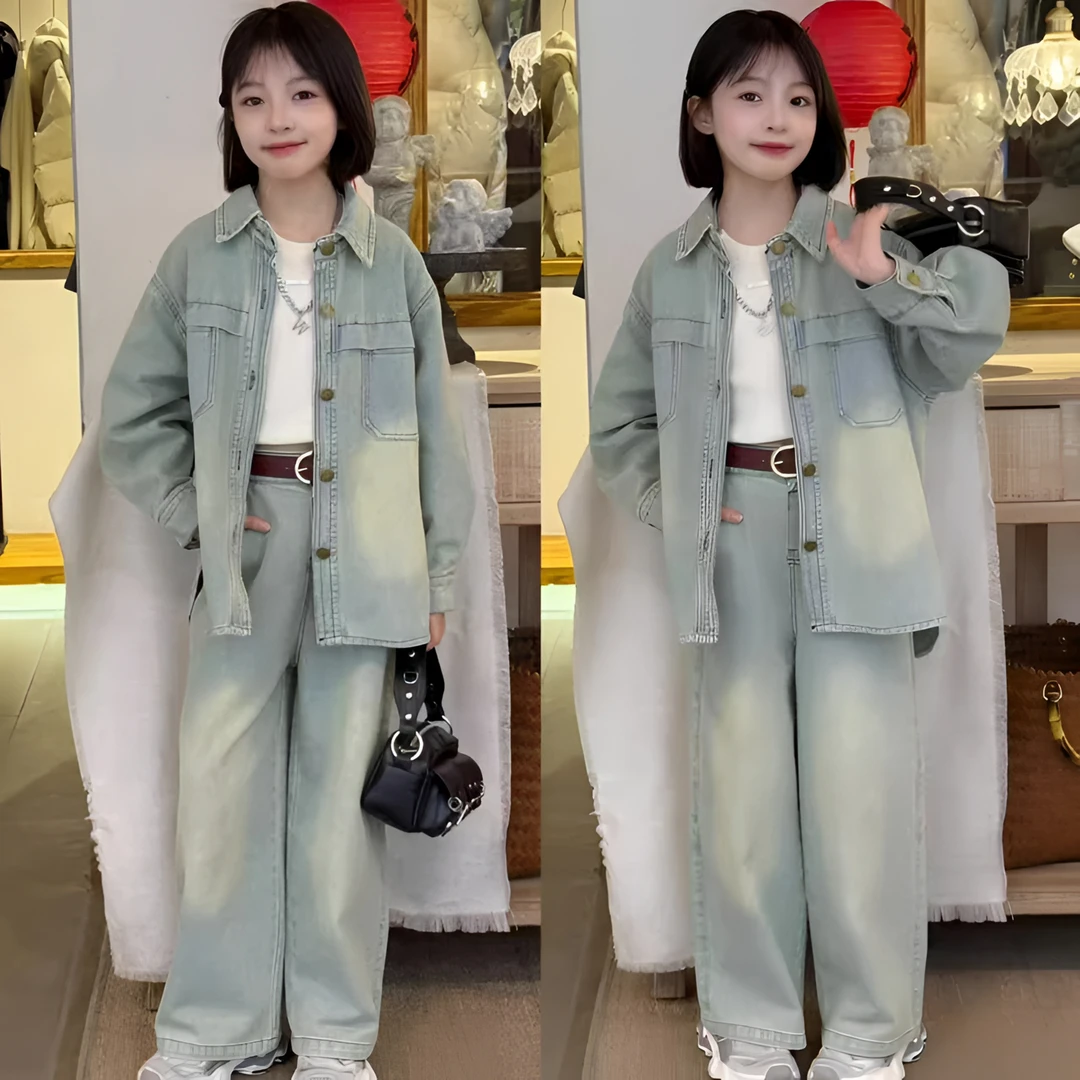 2025炸街女童春装休闲牛仔套装街舞慵懒风衬衫阔腿裤子两件套韩系