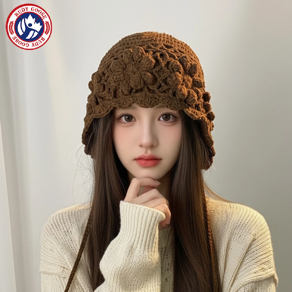 加拿大RUDY GOOSE鹅手工钩织花朵流苏毛线帽秋冬时尚显脸小针织帽