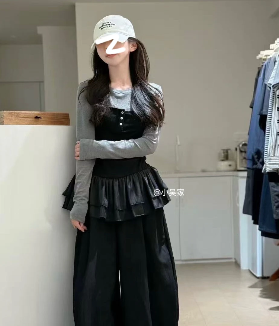 「小吴家」2025秋新款时尚洋气套装女韩显瘦长袖T恤+吊带背心两件套