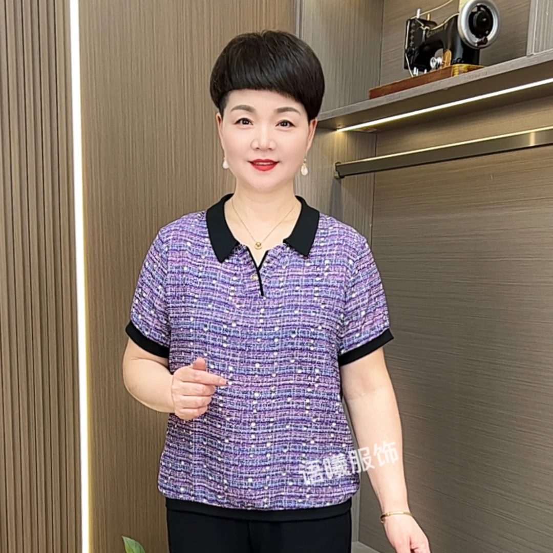 常规剪刀领薄款中老年女装妈妈装夏季赫本风洋气T恤短袖F8892