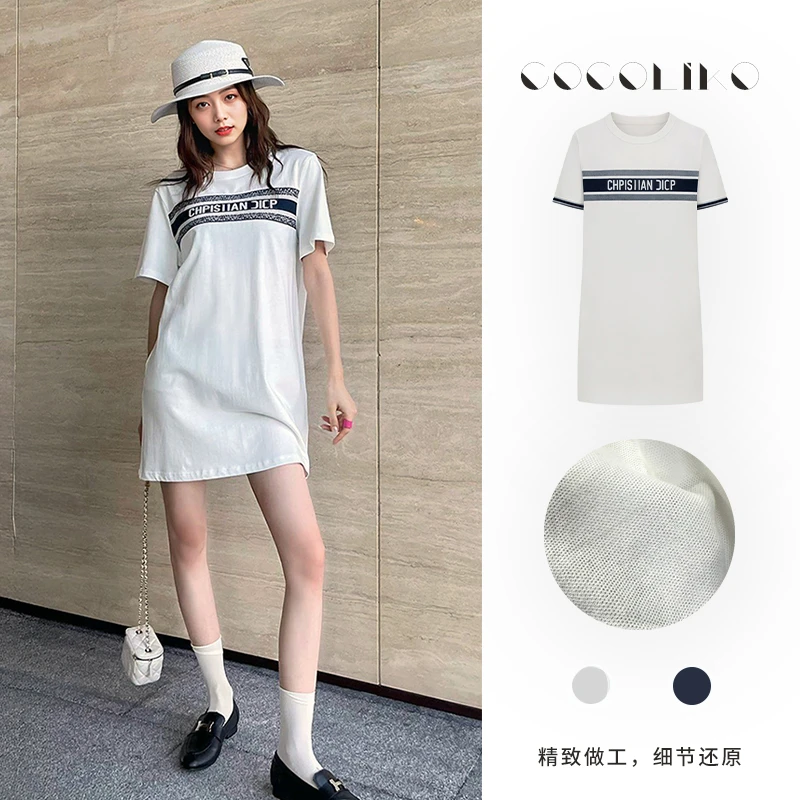 25年新款字母夏季休闲风法式高弹力针织连衣裙时尚百搭宽松甜辣风
