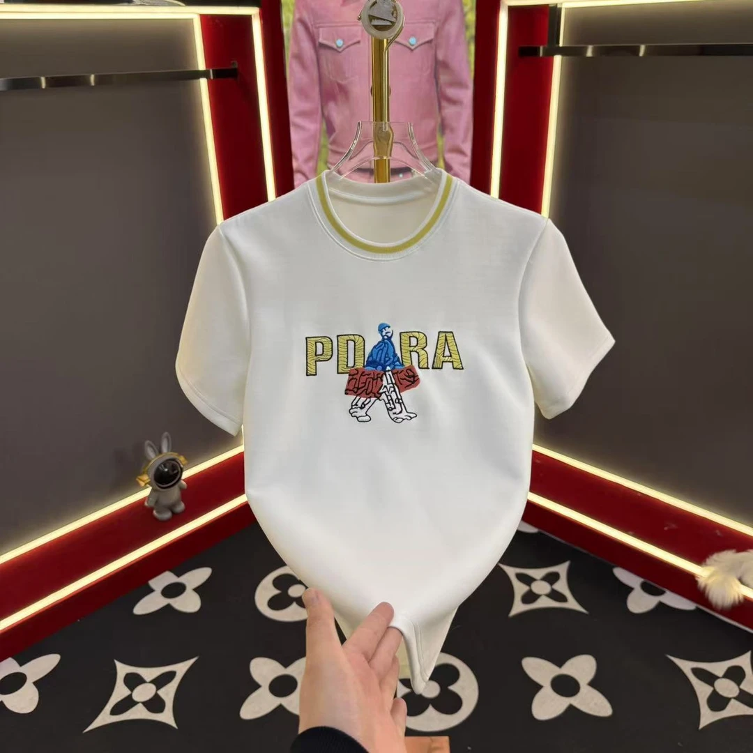 2025春季新款圓領男士輕奢休閑百搭半袖修身設計師刺繡9098款