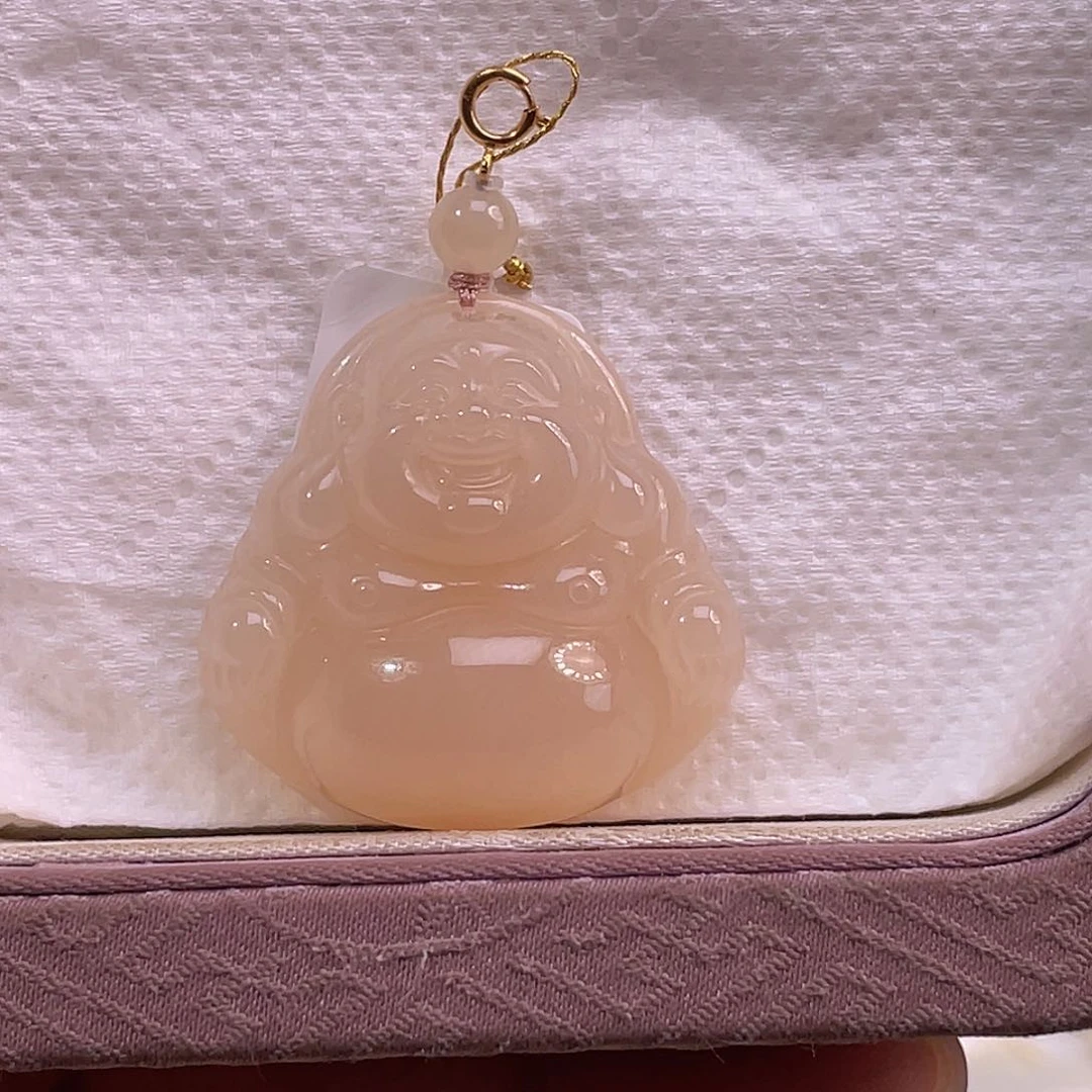吊坠(不含链)18K金镶嵌和田玉荣***9藕粉红粉佛公30