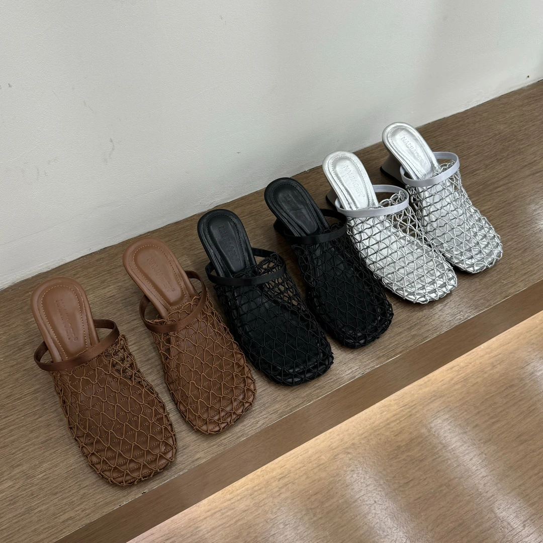 法式编织网面镂空包头半拖鞋女鞋子外穿2025夏季坡跟高跟罗马凉拖