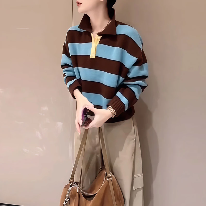 巨好看秋冬新款polo领长袖撞色条纹时尚风针织衫女宽松百搭毛衣潮