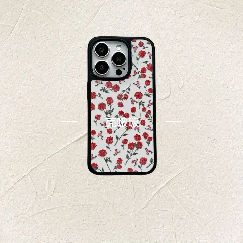 复古满屏玫瑰花网红款16pro手机壳黑边防摔适用苹果11/12/13/14/1