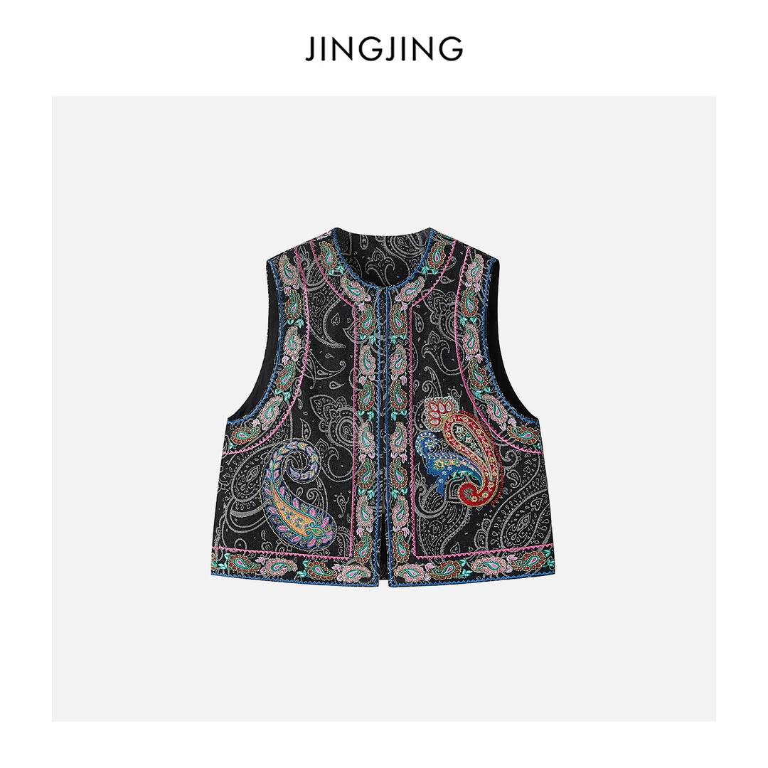 JINGJING2025新款“荒野浪漫”经典复古佩斯利花纹绣花牛仔马甲