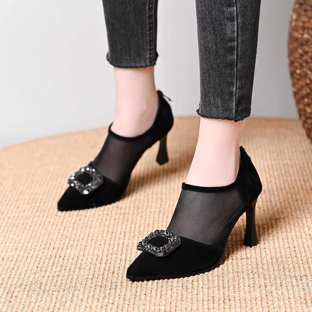 气质百搭浅口水钻扣网纱鞋女2025春夏新款高跟鞋细跟尖头镂空单鞋