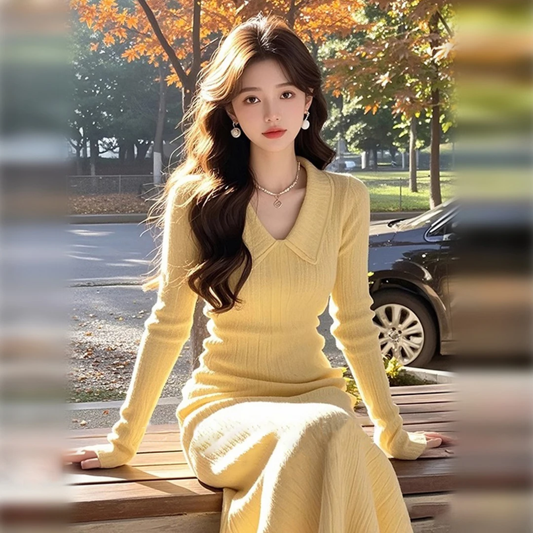 高级感黄色针织长袖连衣裙子2025新款女秋冬小个子高级感打底长裙