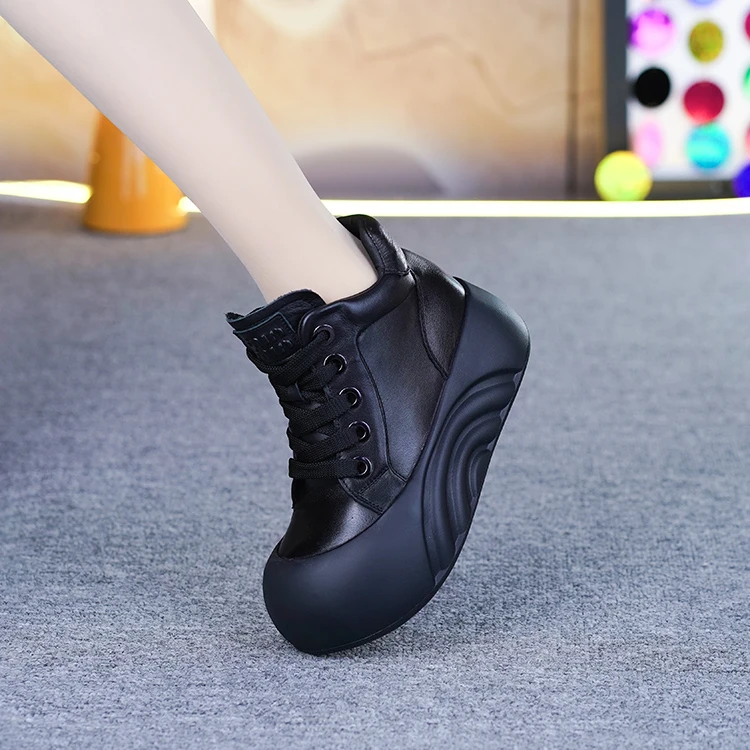 58569真皮休闲女鞋头层牛皮圆头松糕厚底防滑增高休闲老爹鞋