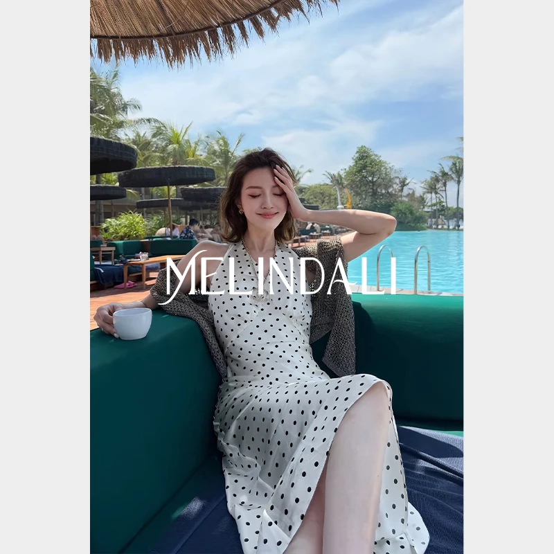 Melinda Li【罗马假日】重磅19MM桑蚕丝黑白波点挂脖无袖收腰连衣裙
