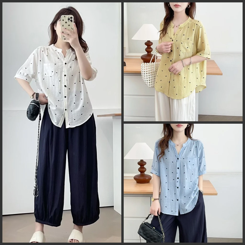 梦冬佳--120-200斤大码女装宽松印花百搭显瘦吸汗亚麻短袖衬衫