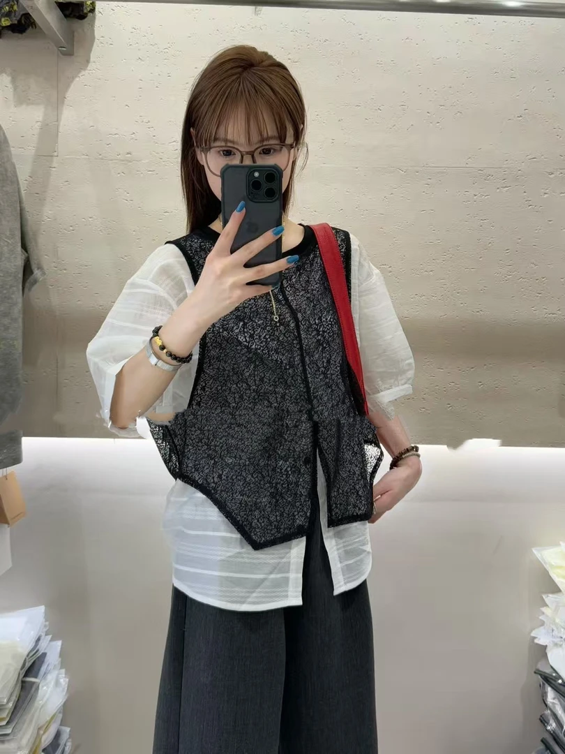 夏款蕾丝拼接不规则假两件短袖衬衫上衣