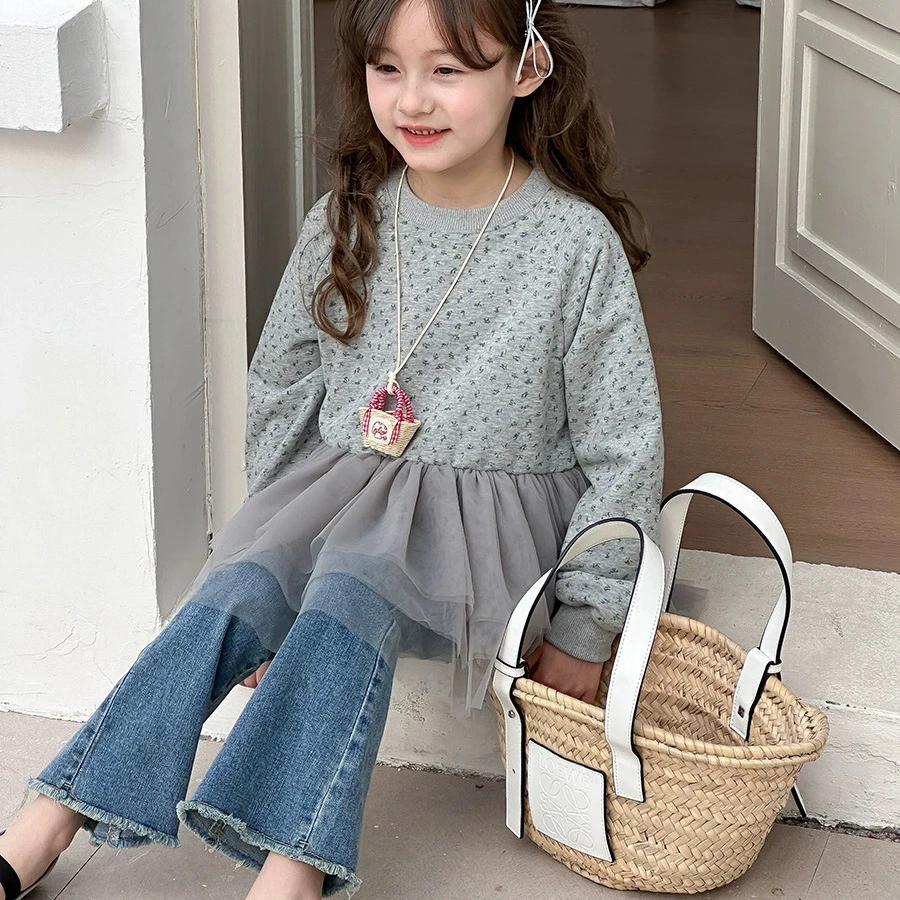 韩版春款女宝灰色碎花拼纱休闲卫衣