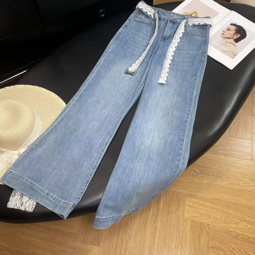 夏季爆款韩版百搭牛仔蕾丝花边阔腿裤H7580