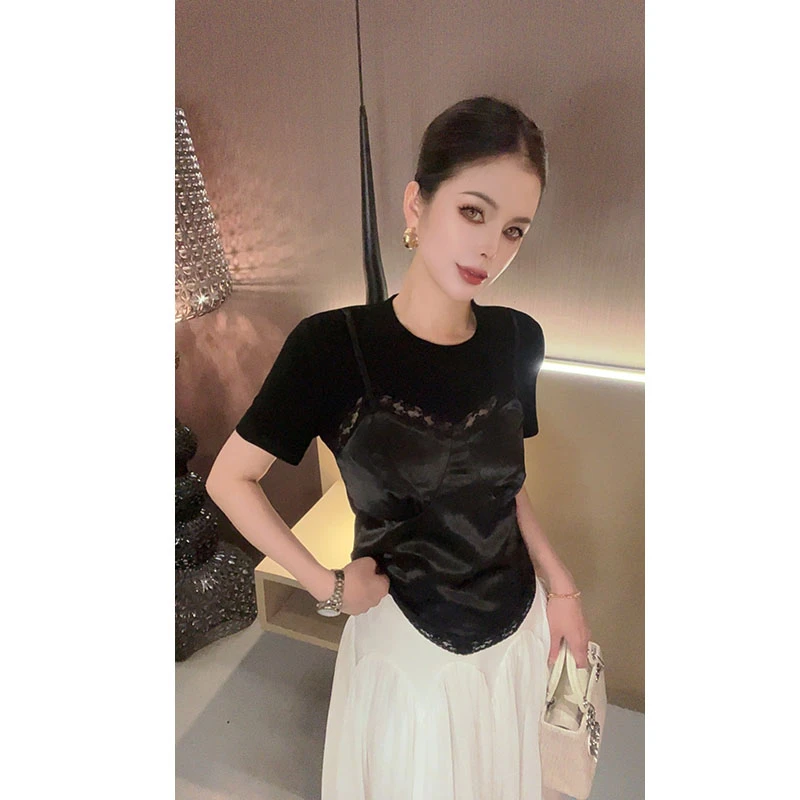 （特价）假两件醋酸蕾丝拼接圆领T恤TX30605