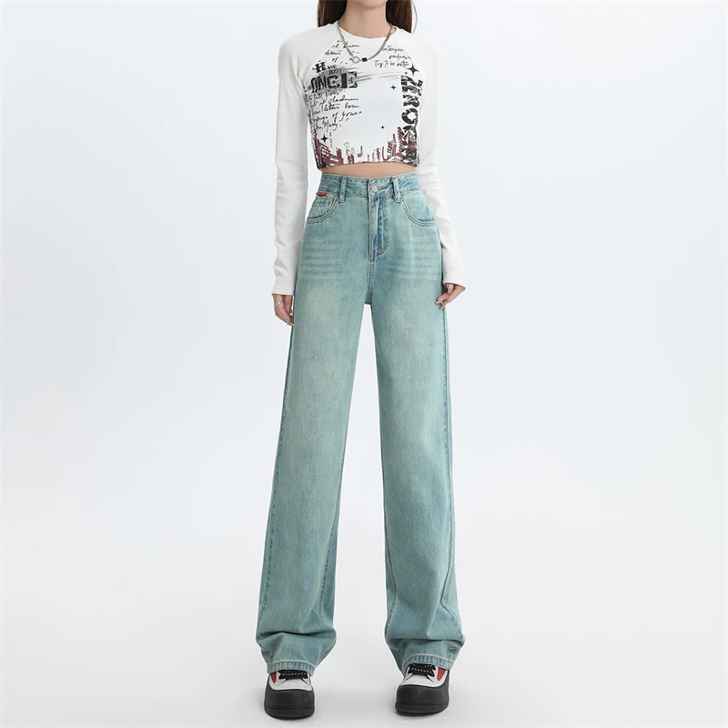 怀旧阔腿牛仔裤女2025年春季新款撞色后袋窄版阔腿裤