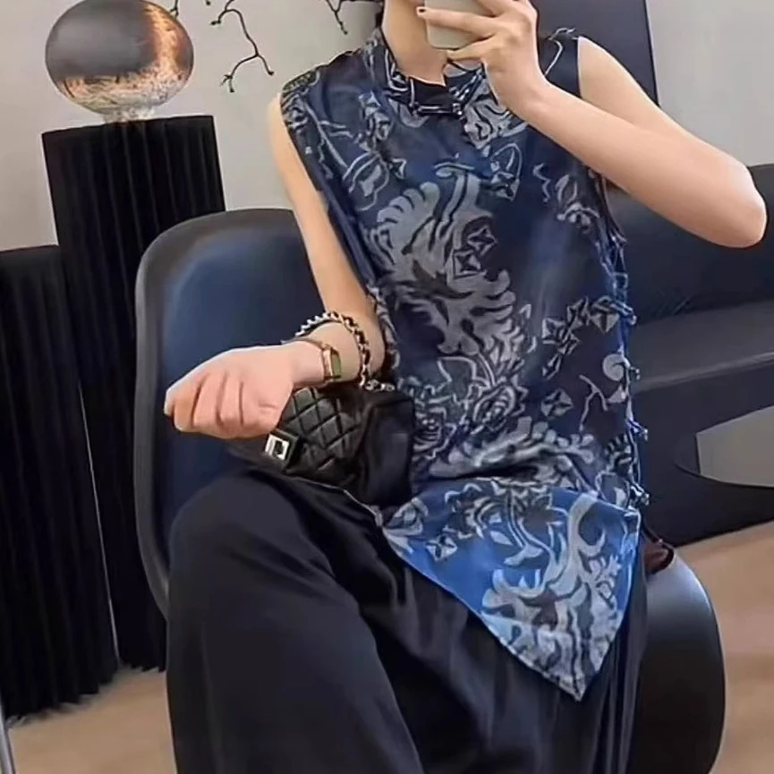 2025新款洋气提花新中式青花瓷国风女夏季无袖奥黛中国风上衣