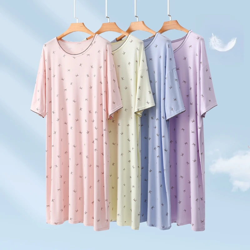 夏季新款短袖圆领薄款睡裙家居服透气卡通圆领中长款可外穿连衣裙