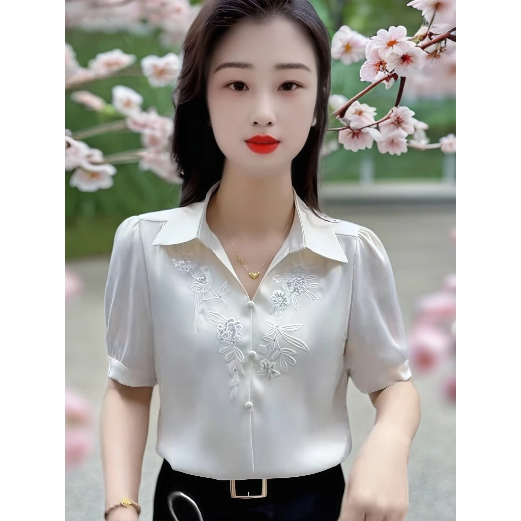 刺绣短袖打底衫衬衫显瘦衬衣网红夏季母亲节洋气轻奢温婉新款上衣