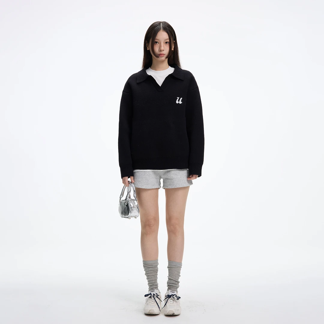 JUMPNEXT美式慵懒风翻V领设计感毛衣春季新款情侣复古加厚针织衫