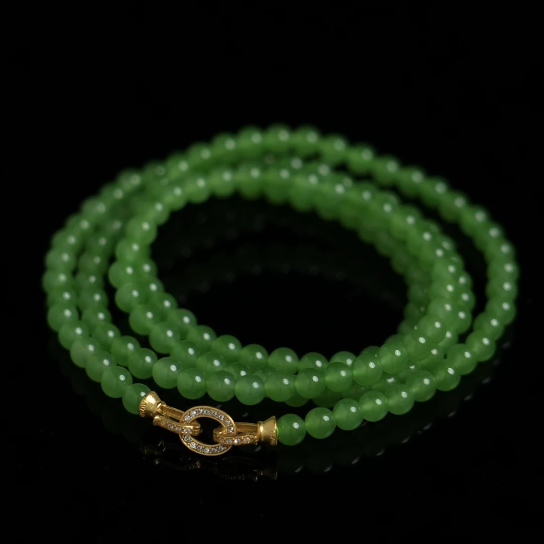 V姐|传承|和田玉高色苹果绿项链 4mm-18K金-HL72934