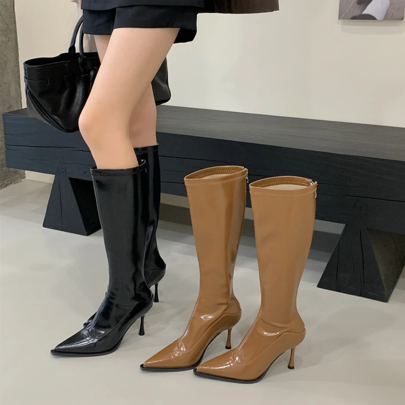 不过膝御姐长靴女2025早秋新款女靴细跟高筒靴尖头高跟皮靴