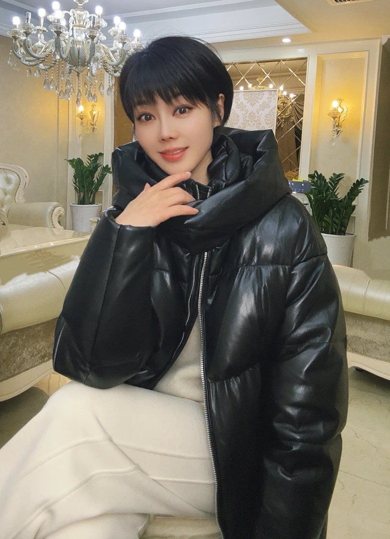 (蜻蜓）2024冬季新款加厚皮黑色外套中长款XZ-023011