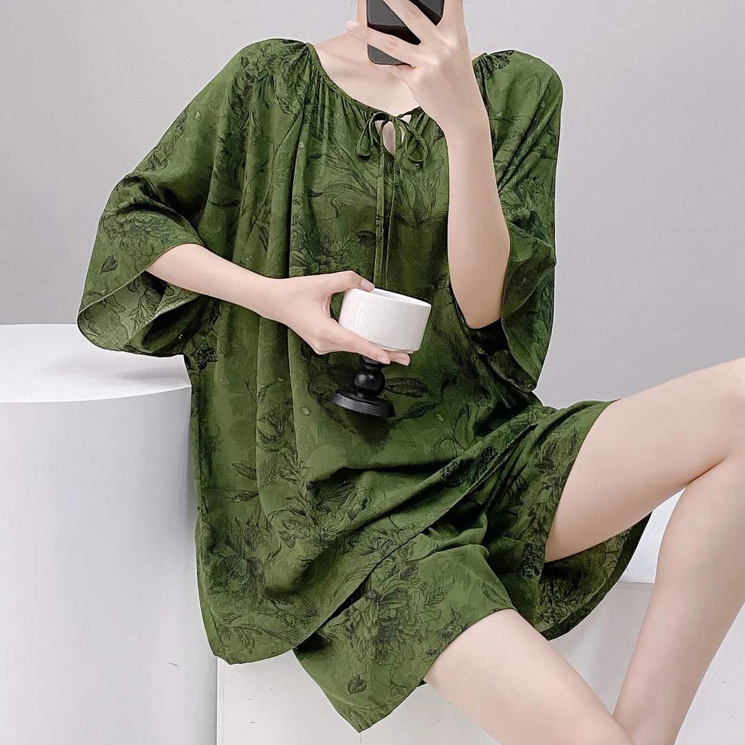 国风防凸点新中式夏季棉绸套头睡衣女带内衬慵懒风人造棉家居服薄