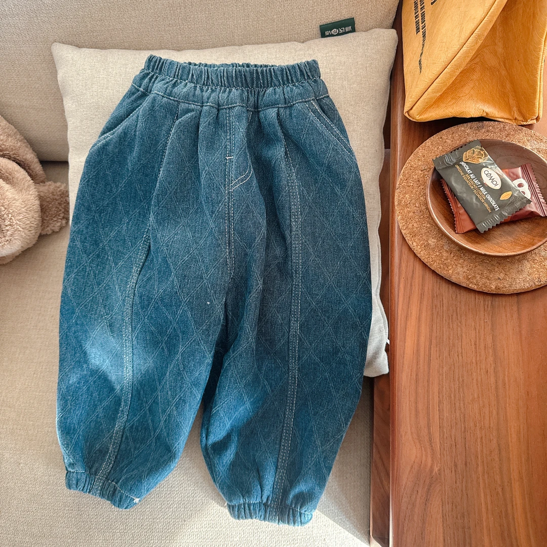 【JMJQ 201096】秋冬韩版中小童格子提花一体绒加厚牛仔长裤