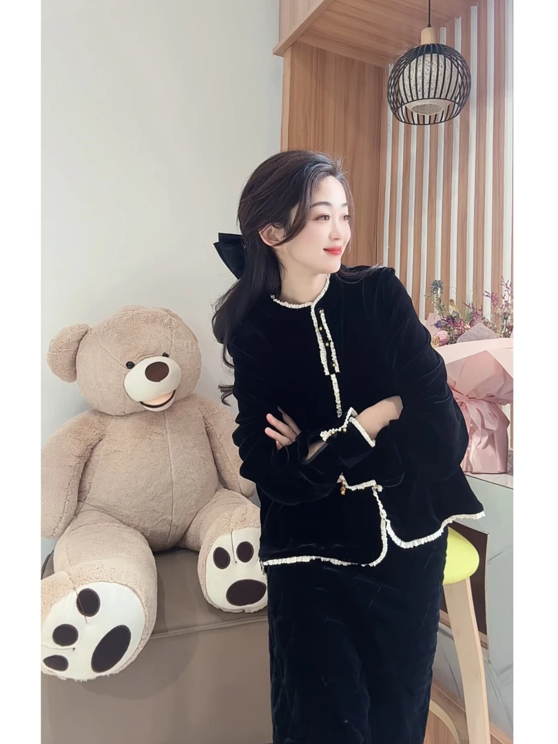 新款桑蚕丝丝绒新中式蕾丝花边小立领娃娃衫减龄百搭打底女DY2078