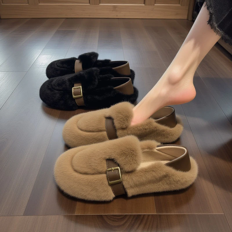 毛毛鞋女秋冬季外穿2025年新款网红皮带扣一脚蹬两穿软底豆豆棉鞋