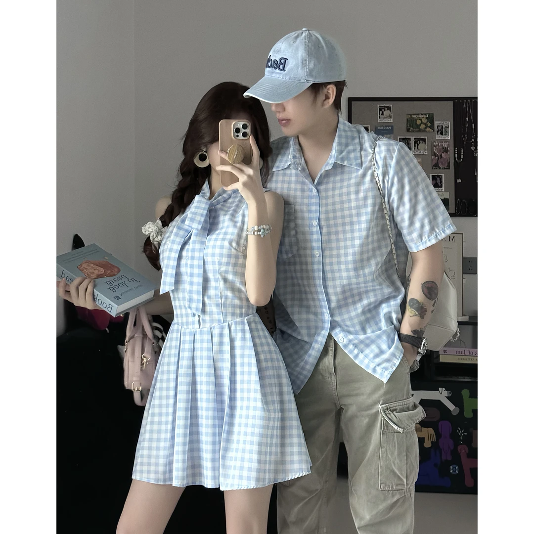 小众设计感情侣装夏季韩版短袖衬衫男女连衣裙法式一裙一衣ins潮