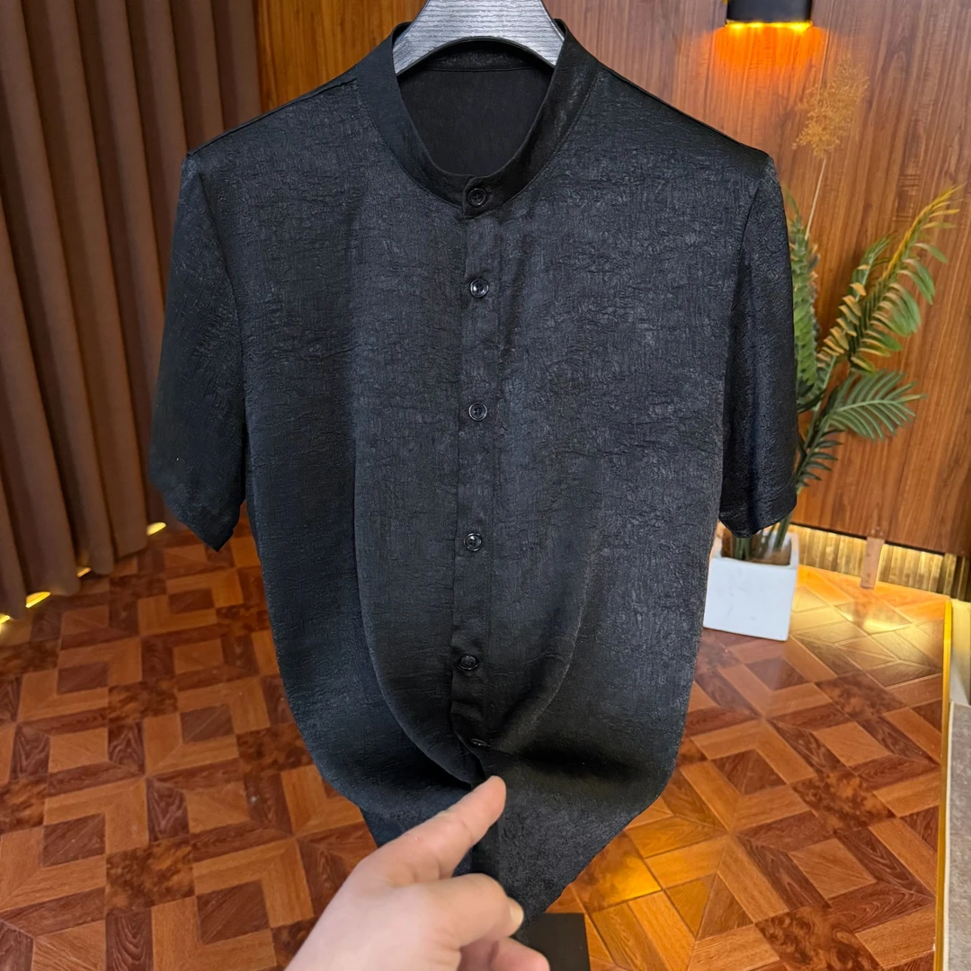 男衬衫春夏迪拜皱商务外套衬衣男装开衫薄款男士立领上衣短袖