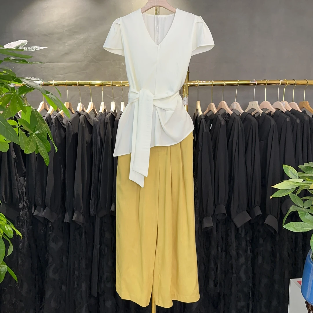 2025新款时尚设计感小众领系带收腰女短袖不规则两件套套装1266