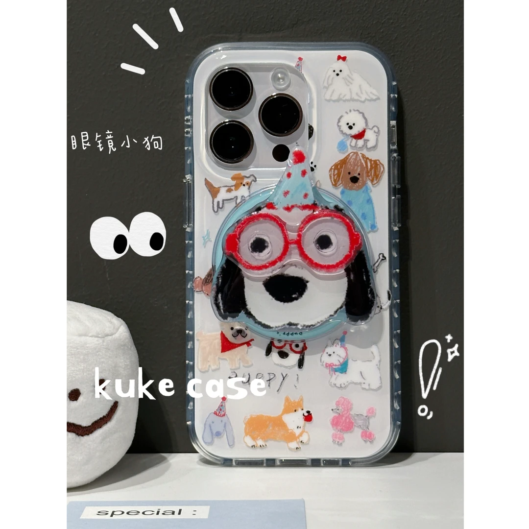 【适用苹果】ins可爱白色涂鸦眼镜小狗双层亮面磁吸手机壳iPhone16