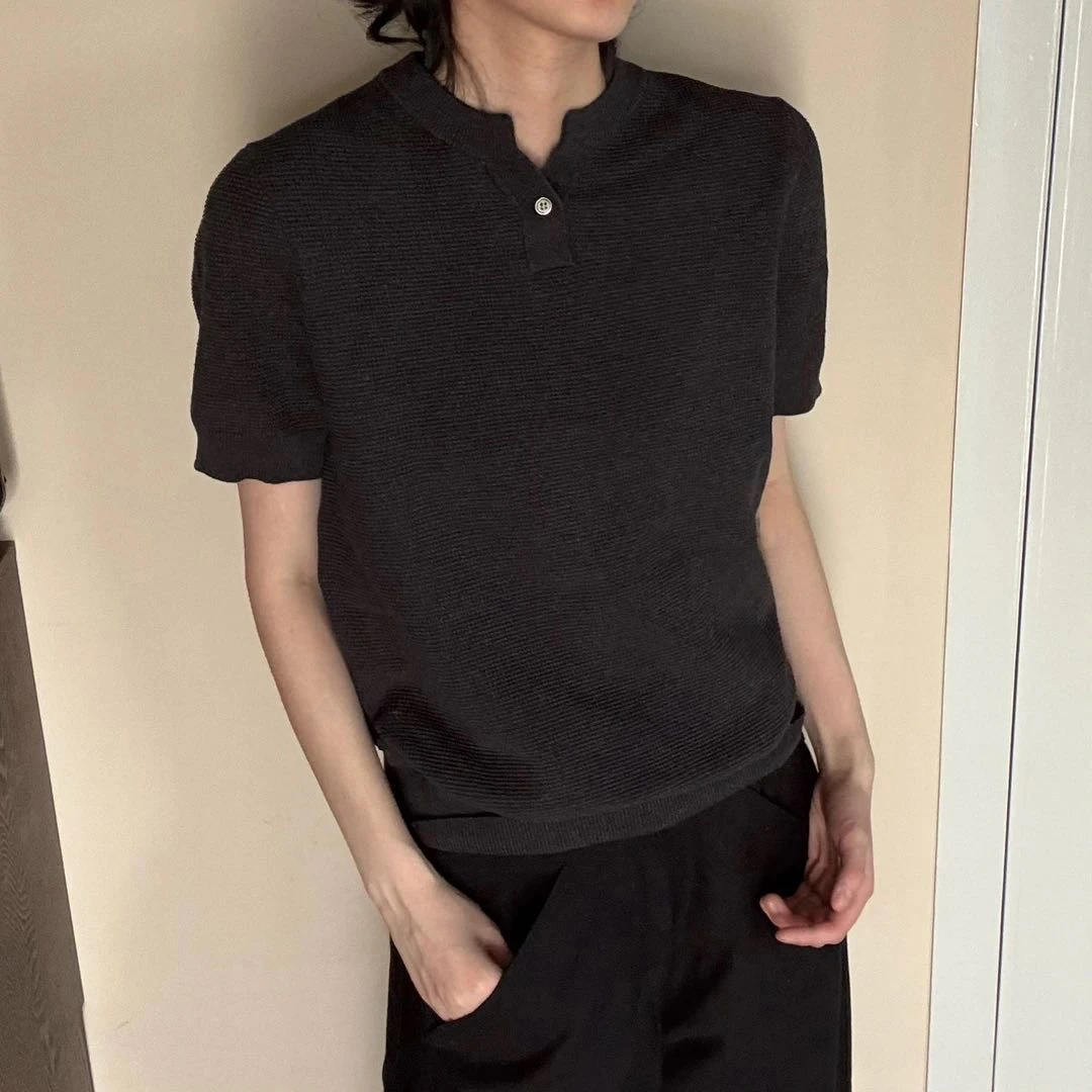 纯棉深灰色老钱风针织短袖T恤男女cleanfit少爷夏季舒适V领打底衫