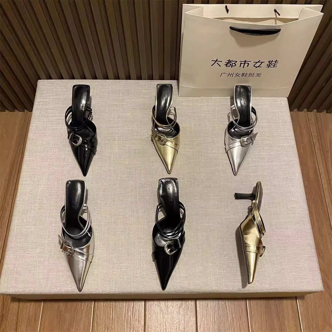 2025网红款拖鞋女尖头高跟鞋细跟穆勒鞋皮带扣包头气质凉拖鞋外穿