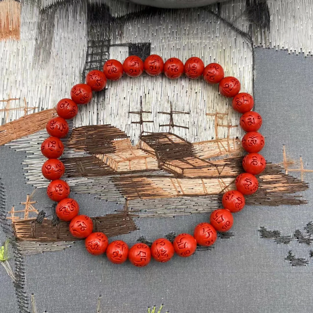 含辰砂工艺品高含量朱砂红砂设计款六字真言手串爆款送礼卡6mm