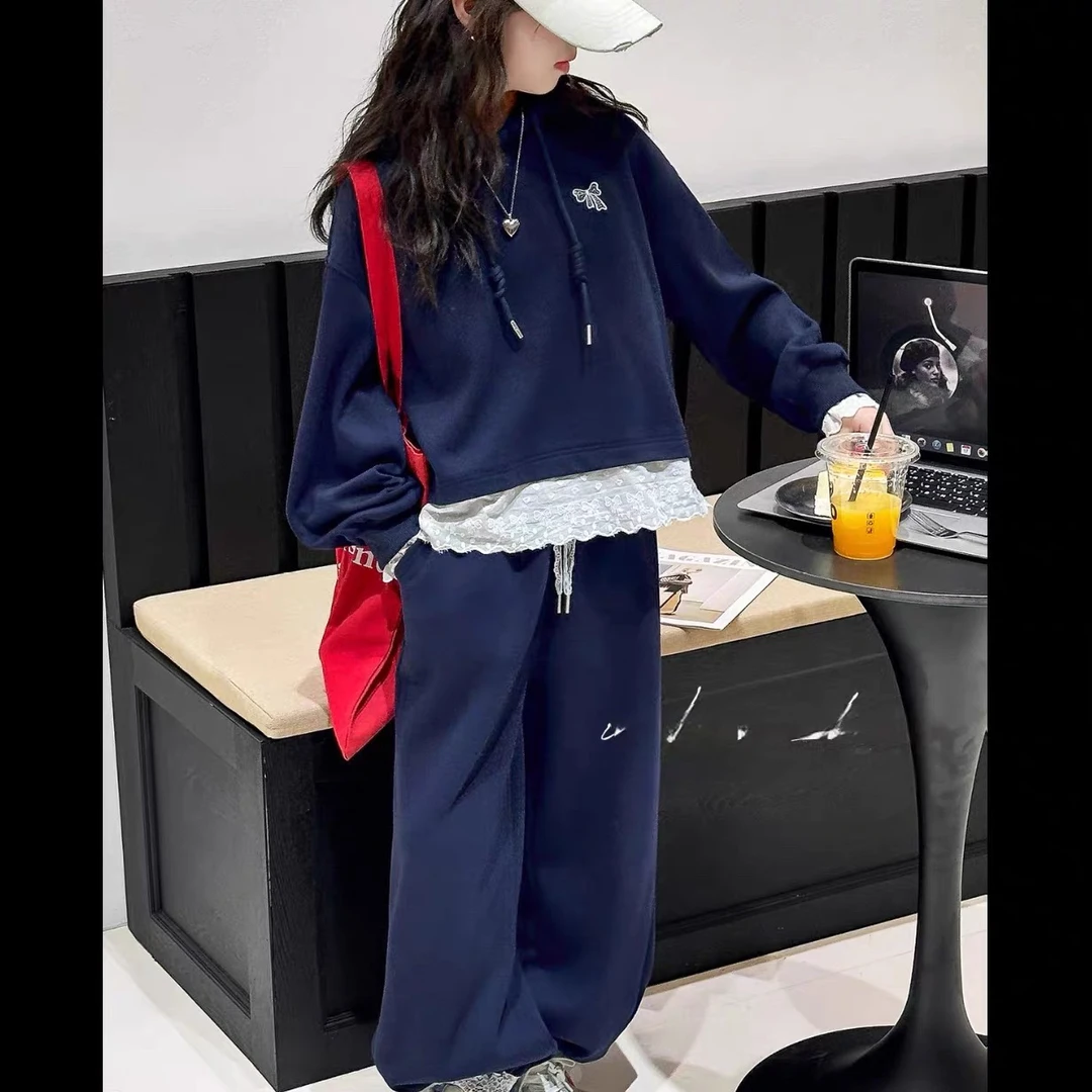 4650女童春秋藏青色运动套装裤口蕾丝胸前蝴蝶结【北二靠路