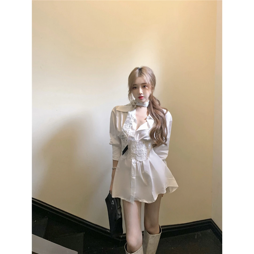 复古蕾丝系带束腰长袖廓形衬衫上衣女秋季法式名媛腰封式修身衬衣