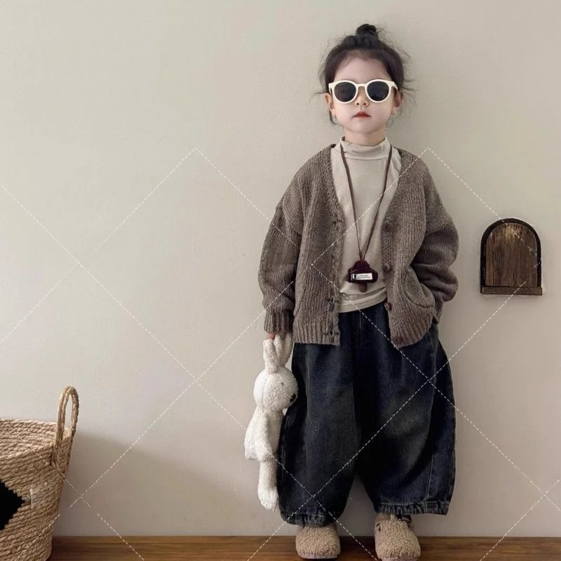 韩国童装2025秋季新款儿童复古森系针织开衫男女童宽松毛衣